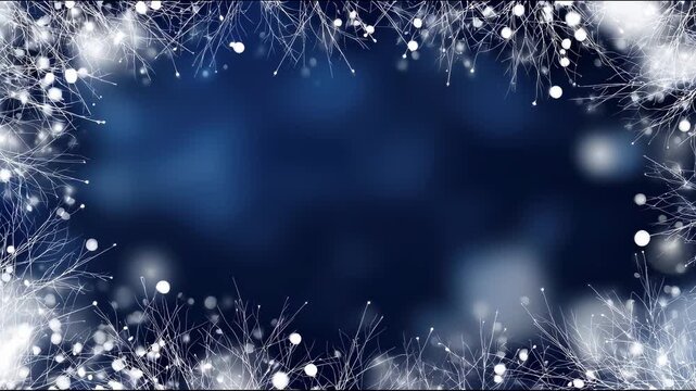 Glowing winter branches with soft bokeh lights shimmer gently along the edges, forming a bright festive border around the dark blue center