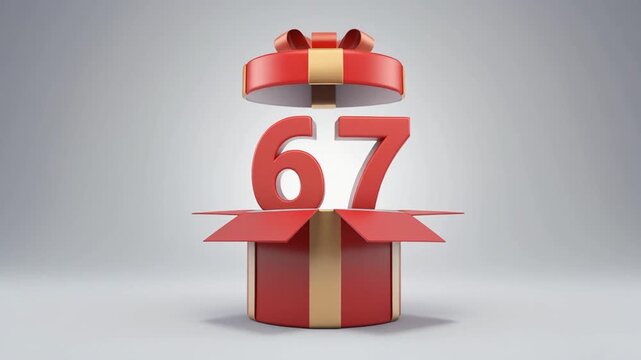 Nicely wrapped gift box popping open, the number 67 appears. Video for birthday or anniversary party
