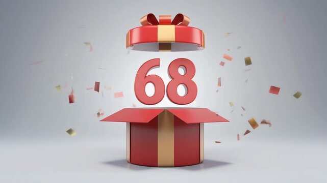 Nicely wrapped gift box popping open, the number 68 appears. Video for birthday or anniversary party