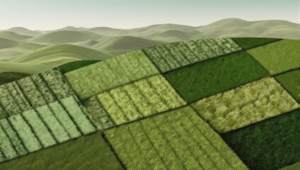 Aerial view of rolling hills, patchwork fields in various green hues, under a hazy sky