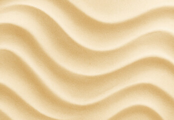 Close-up of golden sand dunes with smooth wind-sculpted ridges and soft shadows under bright sunlight, creating abstract textures and patterns for nature, travel, or background