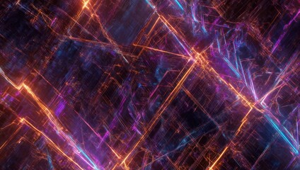 Abstract geometric network of glowing lines in hues of purple, orange, and blue
