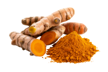 Fresh turmeric roots and powder, showcasing the vibrant spice  . Isolated on transparent background, png