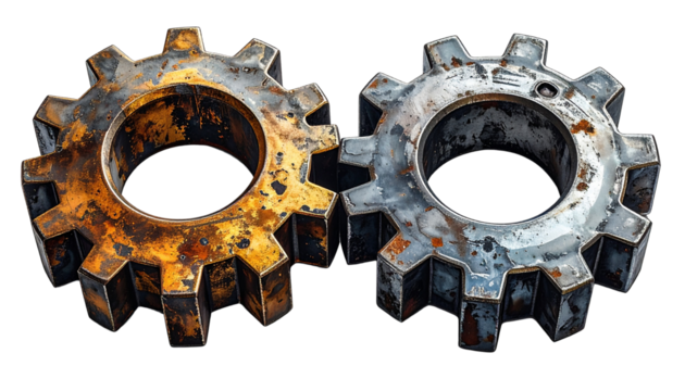 Two connected metal gears interlocked teamwork, engineering, and productivity concept PNG.