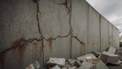 A weathered, cracked concrete wall with debris at its base under a cloudy sky