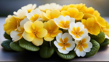 close up of vibrant yellow and white primroses