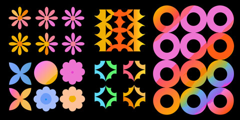 Collection of abstract geometric shapes and floral elements with vibrant gradient colors on a black background