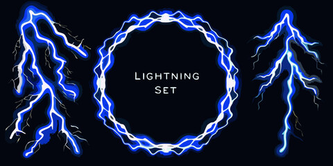 Collection of stylized blue and white lightning bolts and a circular lightning frame on a black background