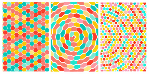 Fototapeta premium Three vibrant geometric abstract backgrounds featuring colorful hexagon patterns and a swirling design