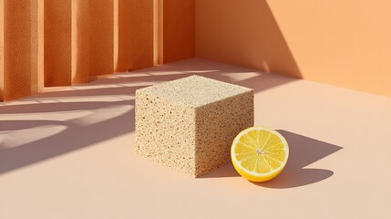 Natural Fiber Kitchen Sponge and Lemon Slice on Beige Background