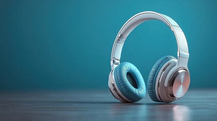 Sleek over-ear headphones with cyan earcups, resting on wood, against a teal background