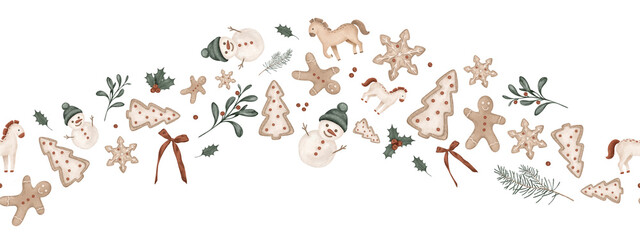 Horizon seamless border with hand drawn illustration horses, pine branches, fir tree, bow, holly, red berries, cookie gingerbread, snowman Frame for New year or Christmas design in muted tones