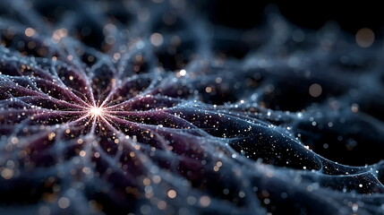 Digital network shaped like snowflakes with neon blue and purple lines, symbolizing winter connectivity.