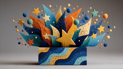 Gift box bursting open with abstract 3D ribbons, stars, and confetti, vibrant holiday lighting, dynamic perspective with motion blur, warm soft light from inside box, magical celebration atmosphere,