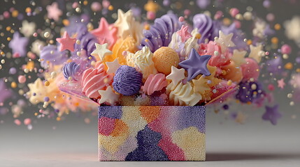 Gift box bursting open with abstract 3D ribbons, stars, and confetti, vibrant holiday lighting, dynamic perspective with motion blur, warm soft light from inside box, magical celebration atmosphere,