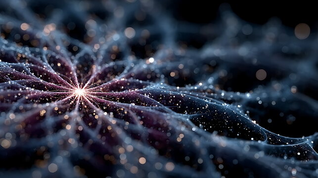 Digital network shaped like snowflakes with neon blue and purple lines, symbolizing winter connectivity.