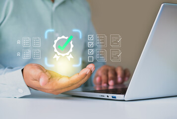 Businessman mark off items on digital checklist, Quality Assurance and Document Control Icons, representing quality assurance and document control processes, verification and compliance