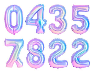 Iridescent number balloons float on a black background
