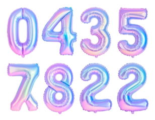 Iridescent number balloons float on a black background