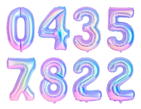 Iridescent number balloons float on a black background