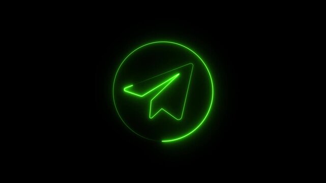Glowing neon green telegram icon animation,Neon telegram Paper Plane Motion,
Paper Plane glowing neon sign appear in center and disappear after some time video motion black background.