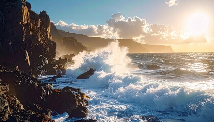 Powerful ocean waves surge and break against a rugged, dark rocky coastline under a brilliant sun and cloudy sky.
