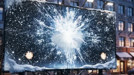 countdown timer new year snowy billboard icy numbers glow, flakes swirl across frozen signage as maintenance crew stages festive reveal; icicles hang from edge and cold city lights shimmer.