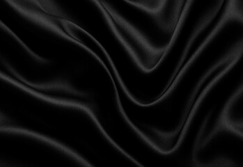 Close-up of luxurious black satin fabric with flowing folds and a soft reflective sheen, highlighting an elegant texture suitable for fashion design, luxury branding, and layouts