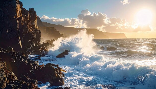 Powerful ocean waves surge and break against a rugged, dark rocky coastline under a brilliant sun and cloudy sky. - Powered by Adobe