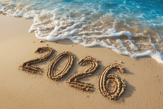 celebrate 2026 on a beach written in sand with blue ocean water waves in the sunshine, slanted, top view, new years eve, new years day, vacation, silvester, prosit, photorealistic