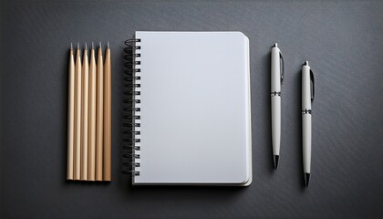 blank notebook and pens on gray background