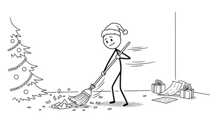 Stick Figure Cleaning Up After Christmas with Santa Hat.
