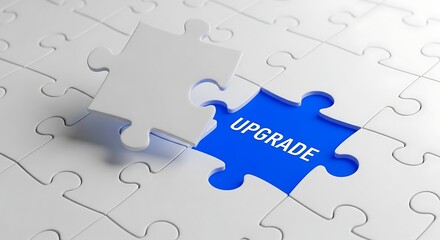 A single blue puzzle piece with the word upgrade written on it, standing out from a white background of puzzle pieces