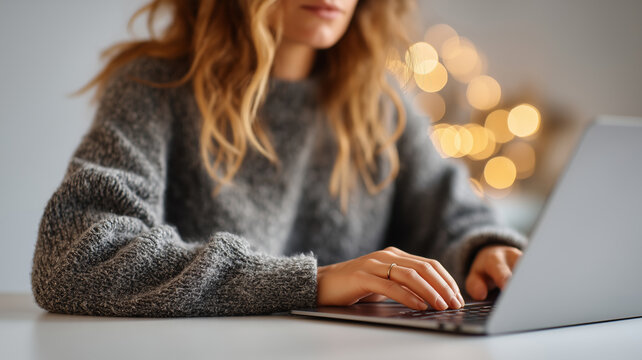 Focused individual working on laptop in cozy, minimalist workspace setting