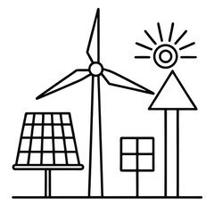 wind turbine and solar panel set line art on white background
