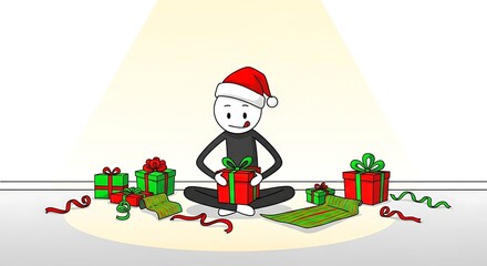 Stick Figure Wrapping Christmas Presents with Santa Hat.