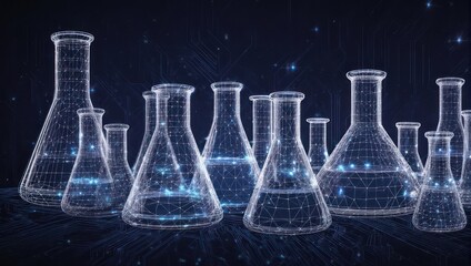 Abstract science lab glassware, wireframe, digital