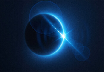 Artistic rendering of a luminous blue ring orbiting a dark planet in deep space, with twinkling stars, nebula glow, and a bright flare crossing the scene for a cosmic atmosphere