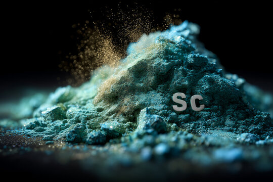Sparkling green-blue powder of scandium with fine dust dancing in the air