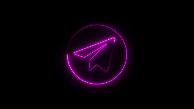 Glowing neon circle purple telegram icon animation,Neon telegram Paper Plane Motion,
Paper Plane glowing neon sign appear in center and disappear after some time video motion black background.
