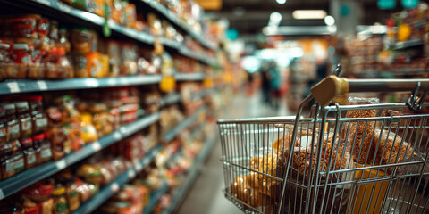 Shopping cart brimming with groceries amidst vibrant supermarket aisles