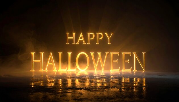 Glowing "Happy Halloween" message rendered on a dark, reflective surface with mist and beams of light behind the text - Powered by Adobe