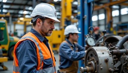 A manager in a white helmet with a stopwatch watches a worker at work on a machine. Photorealistic style. No text or logos.