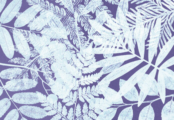 Abstract botanical pattern with tropical leaves in cool purple and blue tones, a seamless texture ideal for backgrounds, wallpapers, branding, and modern design projects © DesignSells