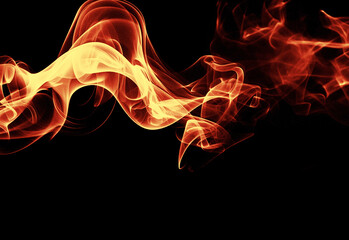 Close up of twisting orange flames and flowing wisps of fire against a deep black background, capturing dramatic heat, dynamic movement, energy, and cinematic mood for bold visuals