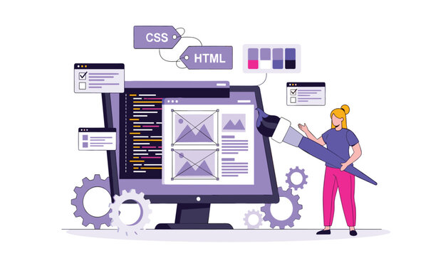 Front-End Web Development and UI/UX Design: Flat Design Vector Illustration of a Female Coder or Designer Working on HTML, CSS, and Wireframes with Creative Tools 