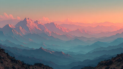 Pastel-colored layered mountain, texture like oil painting, soft gradient sky.