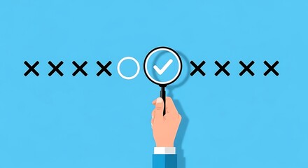 Hand holding magnifying glass over a checkmark in a row of crosses, symbolizing search and selection