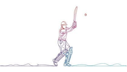 Cricket Batsman Playing a Defensive Shot: Detailed Line Art Vector Illustration of a Player Blocking a Ball with Fielders and Wicketkeeper 