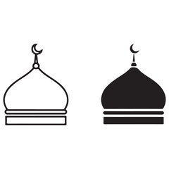 Islamic Mosque Dome Icon with Crescent Moon in Outline and Solid Styles